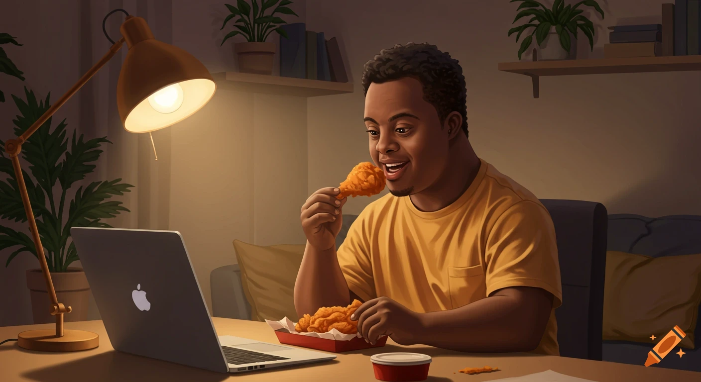 A smiling man eating fried chicken while looking at a laptop on a table in a dimly lit room.