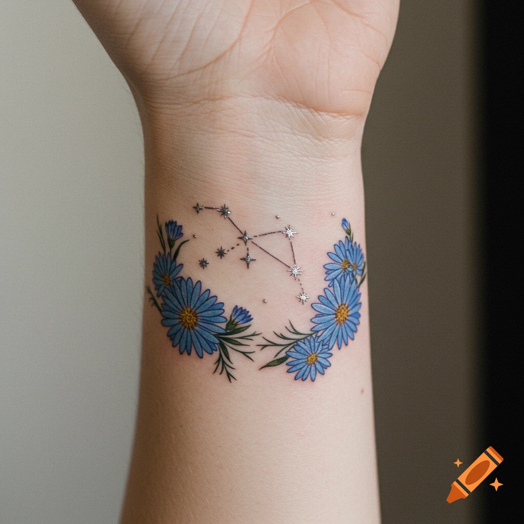 A colorful tattoo of the Libra constellation surrounded by blue flowers on a person's wrist.