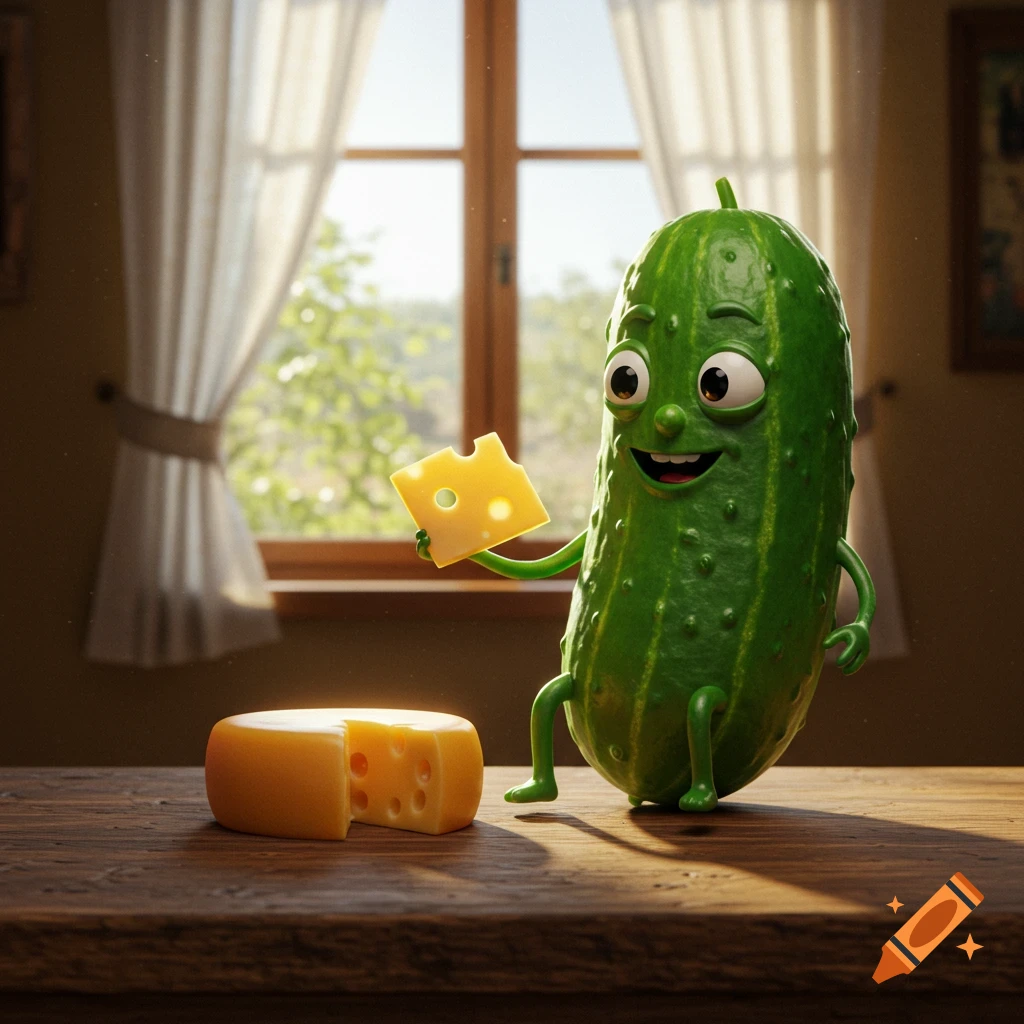 A smiling, cartoonish cucumber character with arms and legs holds a piece of Swiss cheese next to a round cheese wheel on a wooden table, in front of a sunlit window.