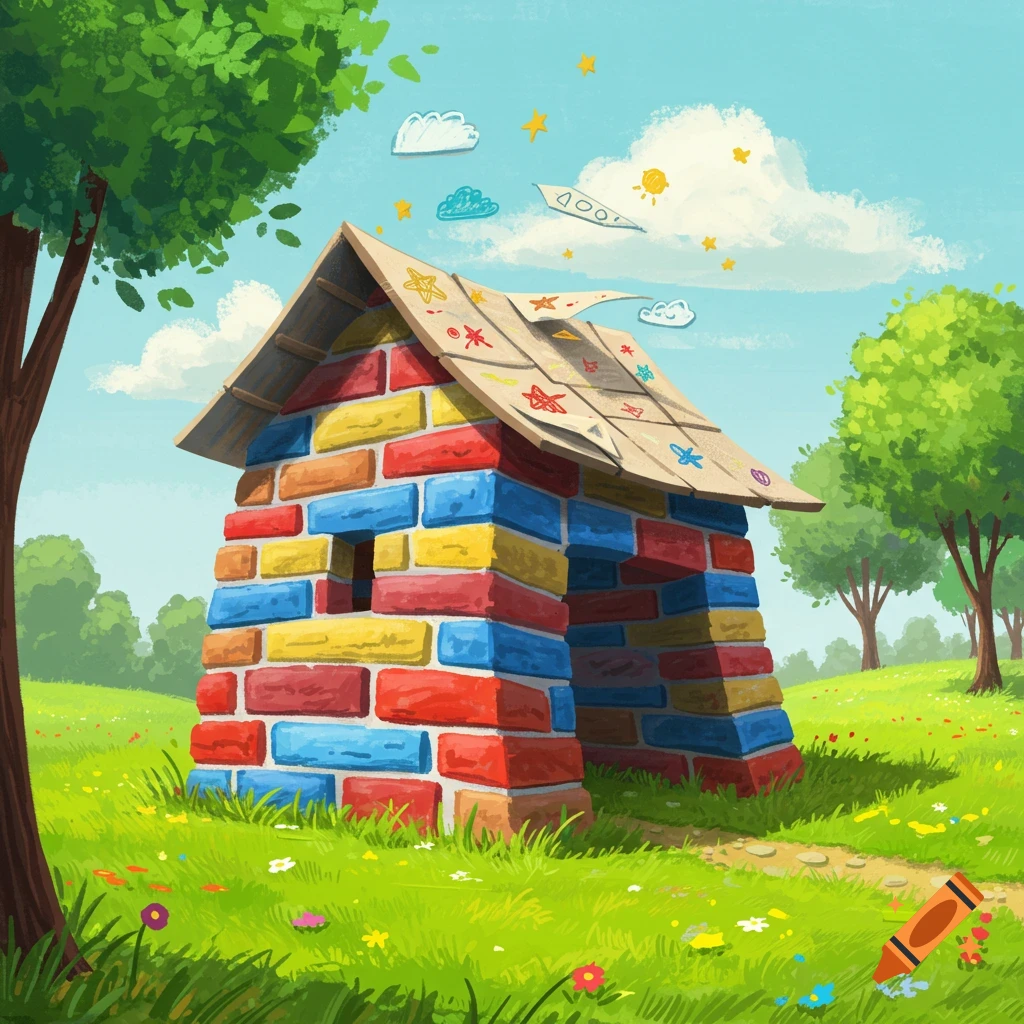 A whimsical house made of colorful blocks with a cardboard roof stands in a green field with trees under a blue sky, in a childlike illustration.