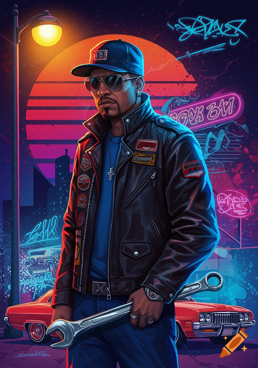 A stylized retro illustration of a man resembling a gangsta mechanic, wearing a leather jacket and cap, holding a large wrench. Neon signs and cars are in the background.