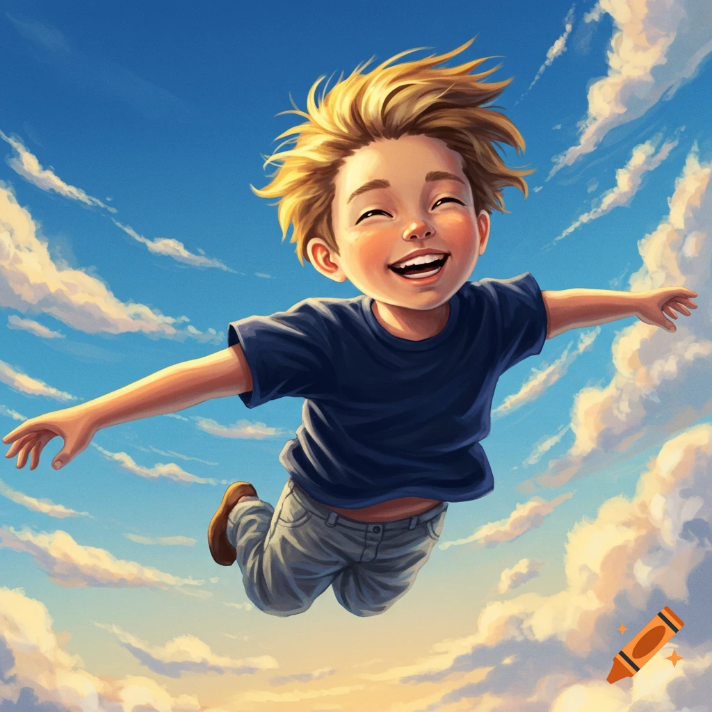 A happy boy with blonde hair and a blue shirt flies through a bright blue sky filled with white clouds, arms outstretched.
