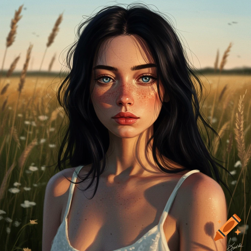 A woman with dark hair and blue eyes stands in a sunny field of tall grass with freckles on her face.
