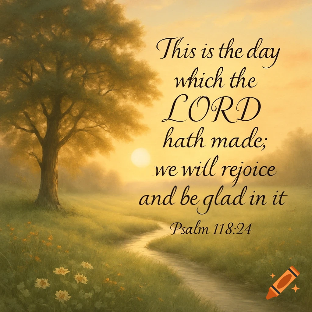 A serene landscape with a large tree, a winding path, and a bright sunrise, overlaid with the Bible verse Psalm 118:24.