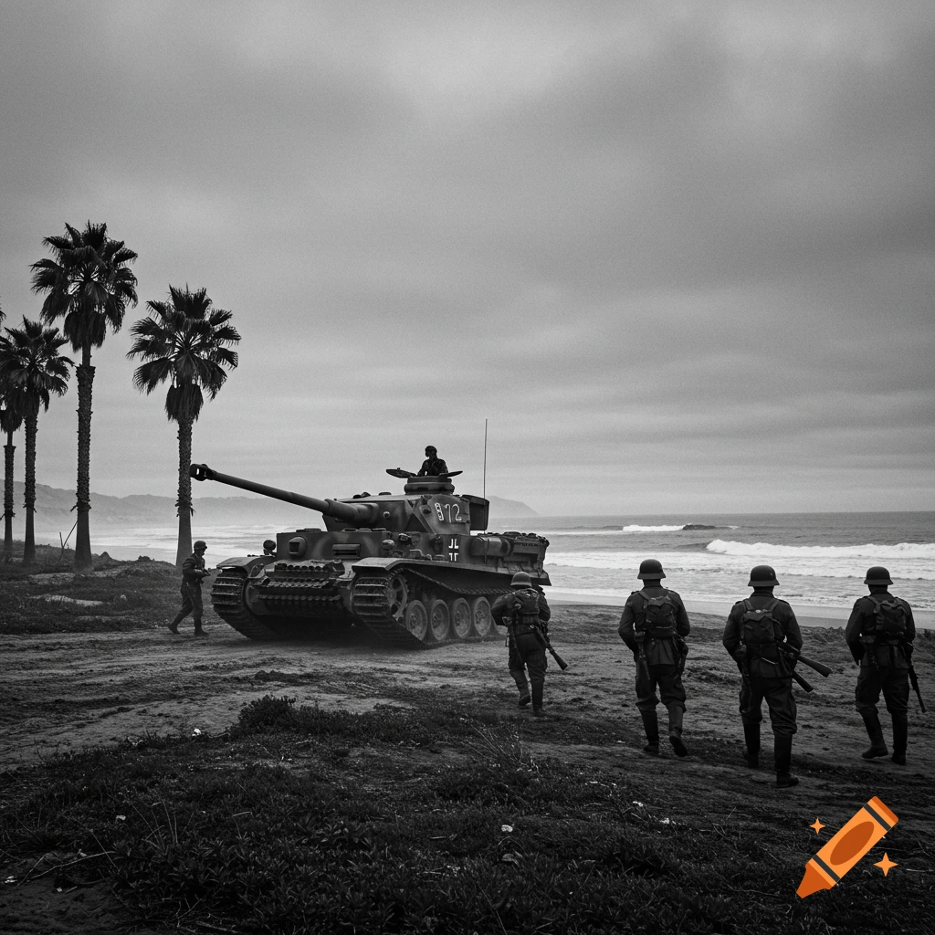 Black and white photo of a WWII-era German tank and soldiers on a sandy beach with palm trees and ocean waves under a cloudy sky.