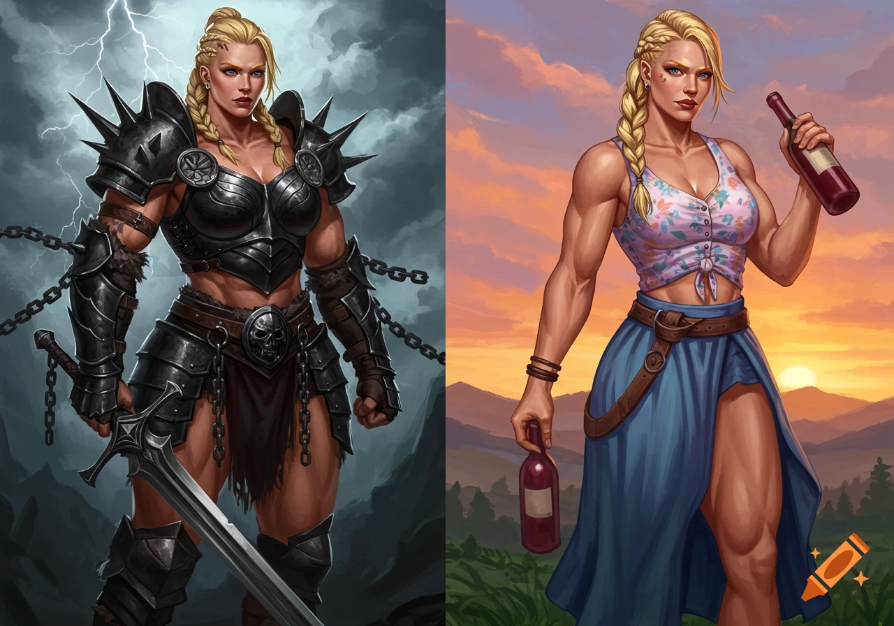 A split image of a muscular blonde woman. On the left, she's in black fantasy armor with a sword; on the right, she wears a floral top and blue skirt, holding a wine bottle.