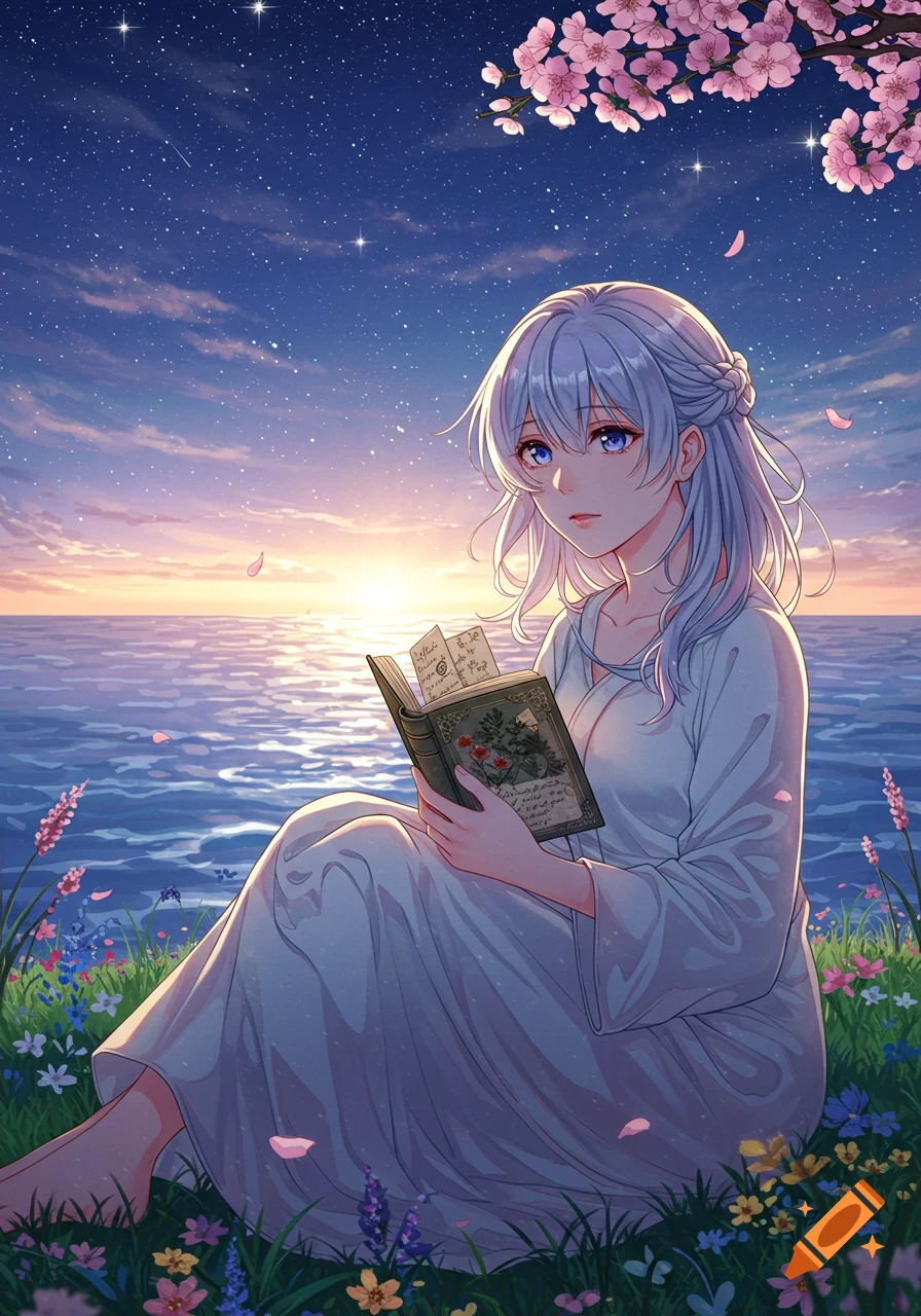 An anime girl with white hair sits on a grassy shore by the ocean, reading a book under a starry sunset sky with cherry blossoms.