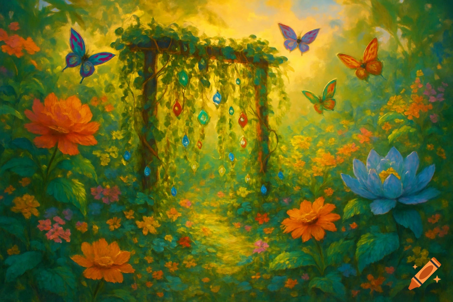 A vibrant, painterly fantasy garden with colorful flowers, butterflies, and a vine-covered archway with hanging gems.