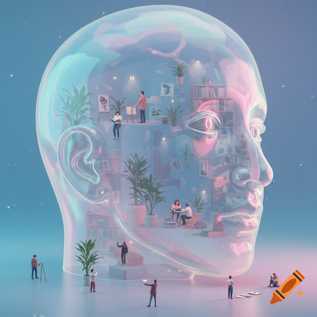 A large translucent iridescent head in profile, containing miniature people painting, reading, and interacting, against a gradient background.