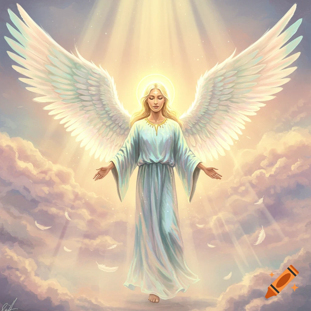 An ethereal angel with large white wings and blonde hair floats in clouds bathed in golden light.