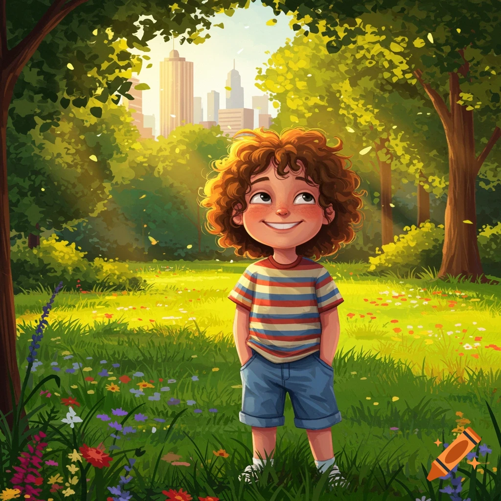 A happy, curly-haired boy stands in a vibrant green park filled with colorful wildflowers, with a city skyline in the sunny background. The illustration is bright and cheerful.