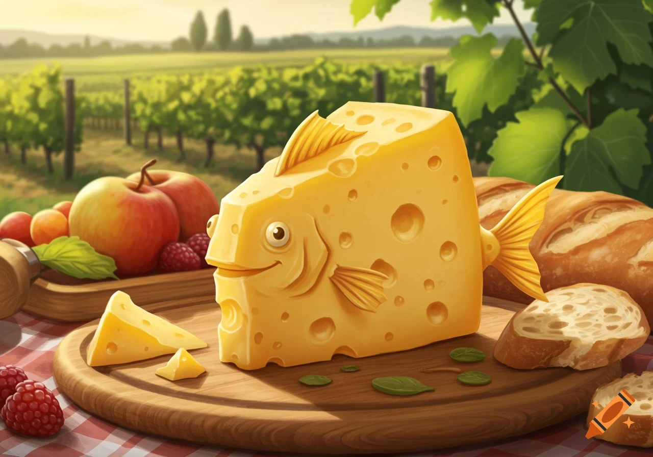 A block of cheese shaped like a smiling fish sits on a wooden board with apples, raspberries, and bread in a sunny vineyard.