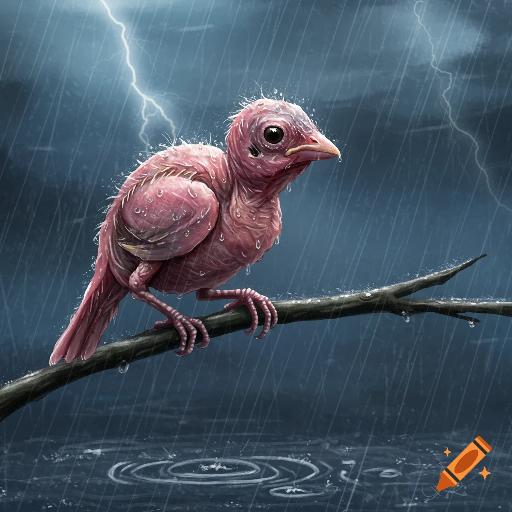 A featherless pink bird sits on a branch in heavy rain with lightning in a dark sky, illustrated style.