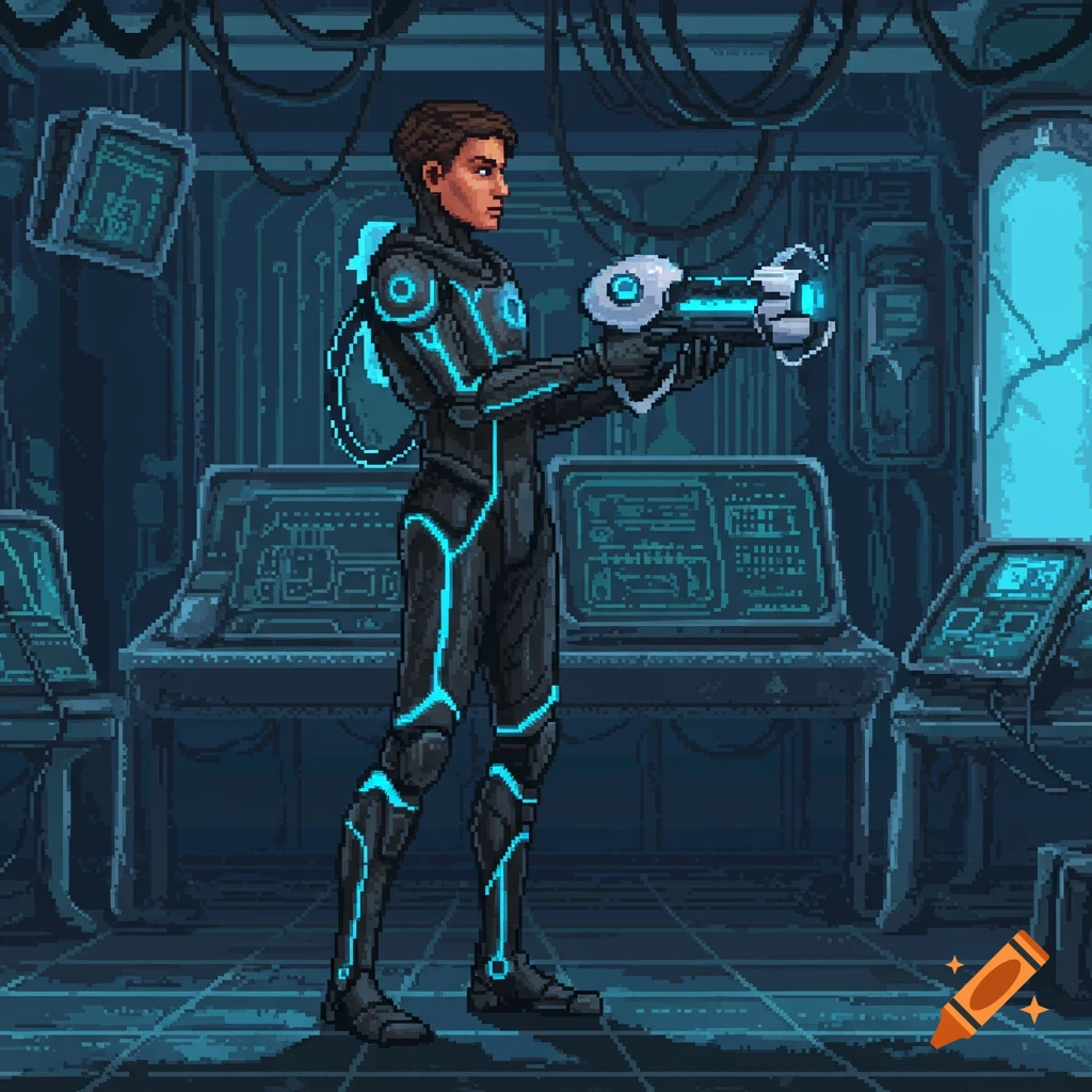 Pixel art of a future scientist in a black and blue suit holding a portal gun in a futuristic lab.