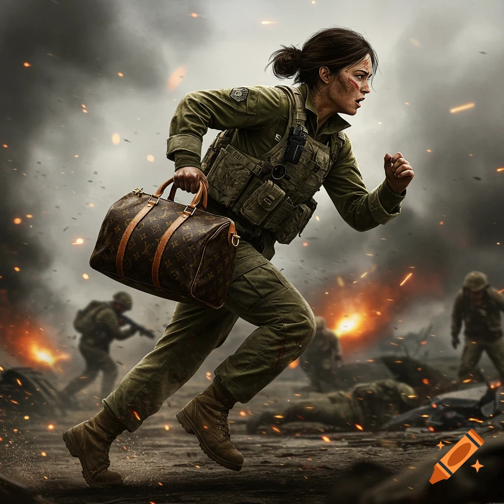 A female soldier in military uniform runs through a battlefield, carrying a prominent Louis Vuitton duffel bag, with explosions and smoke in the background.