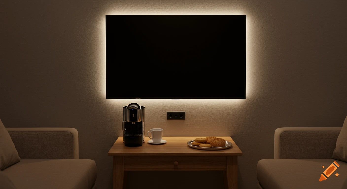 A dimly lit room with a wall-mounted TV glowing from behind, a coffee machine and cookies on a table, and sofas on either side.