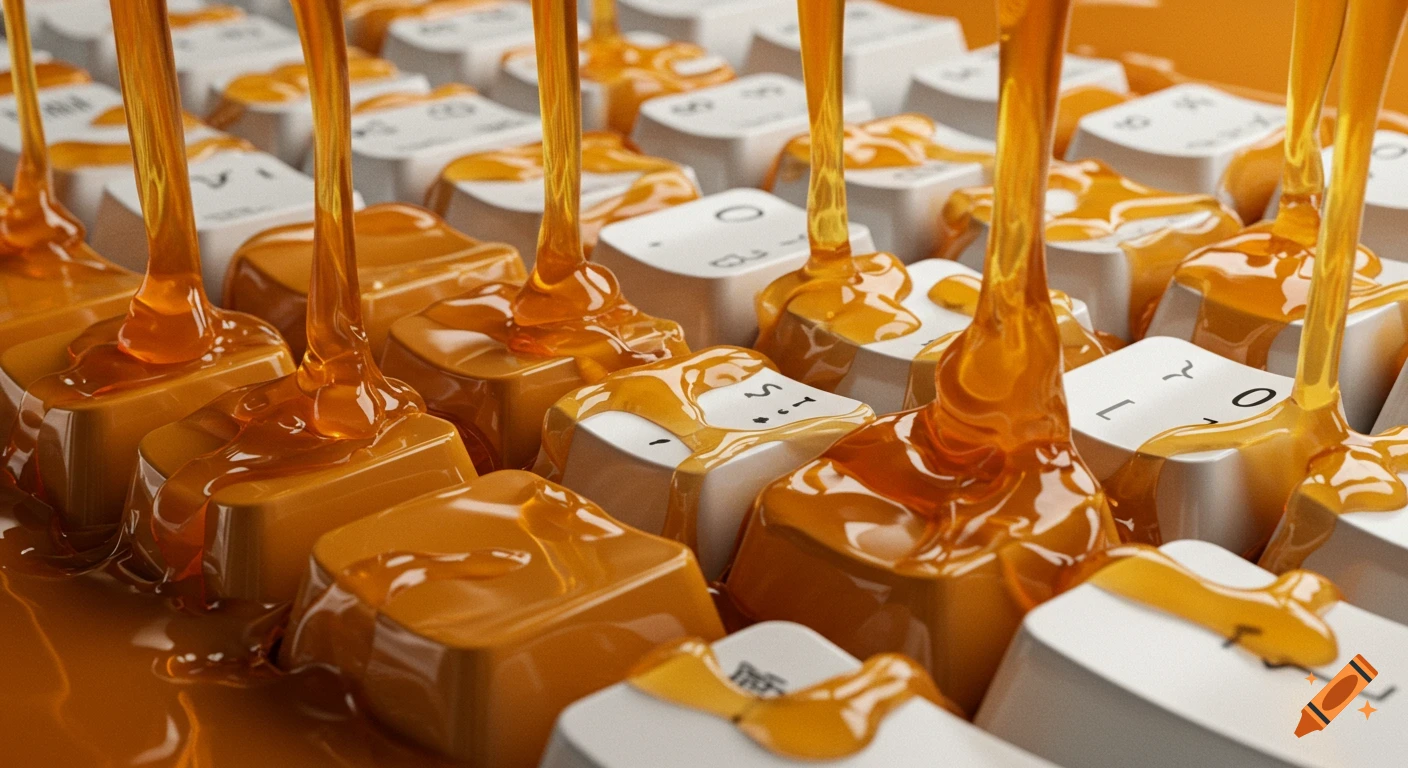 Caramel pouring over a white computer keyboard, with keys covered in the gooey substance.