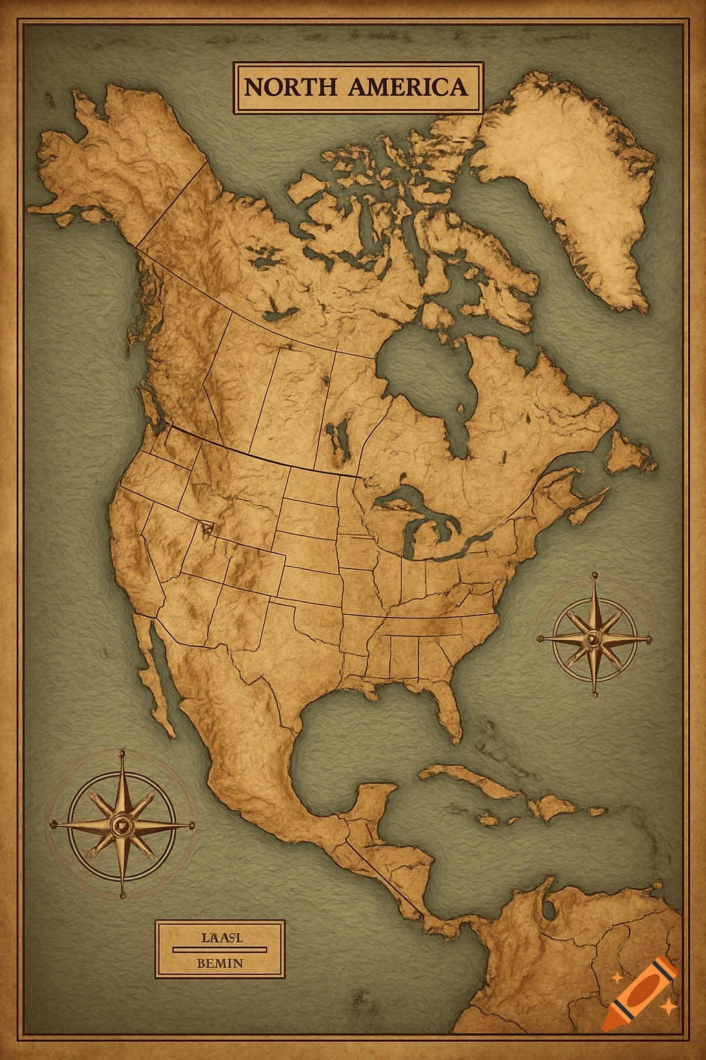 Vintage-style map of North America with country and state borders and two compass roses.