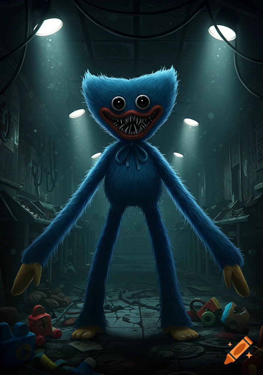 A blue, furry monster with a wide, toothy grin and black eyes stands in a dark, run-down room scattered with broken toys.