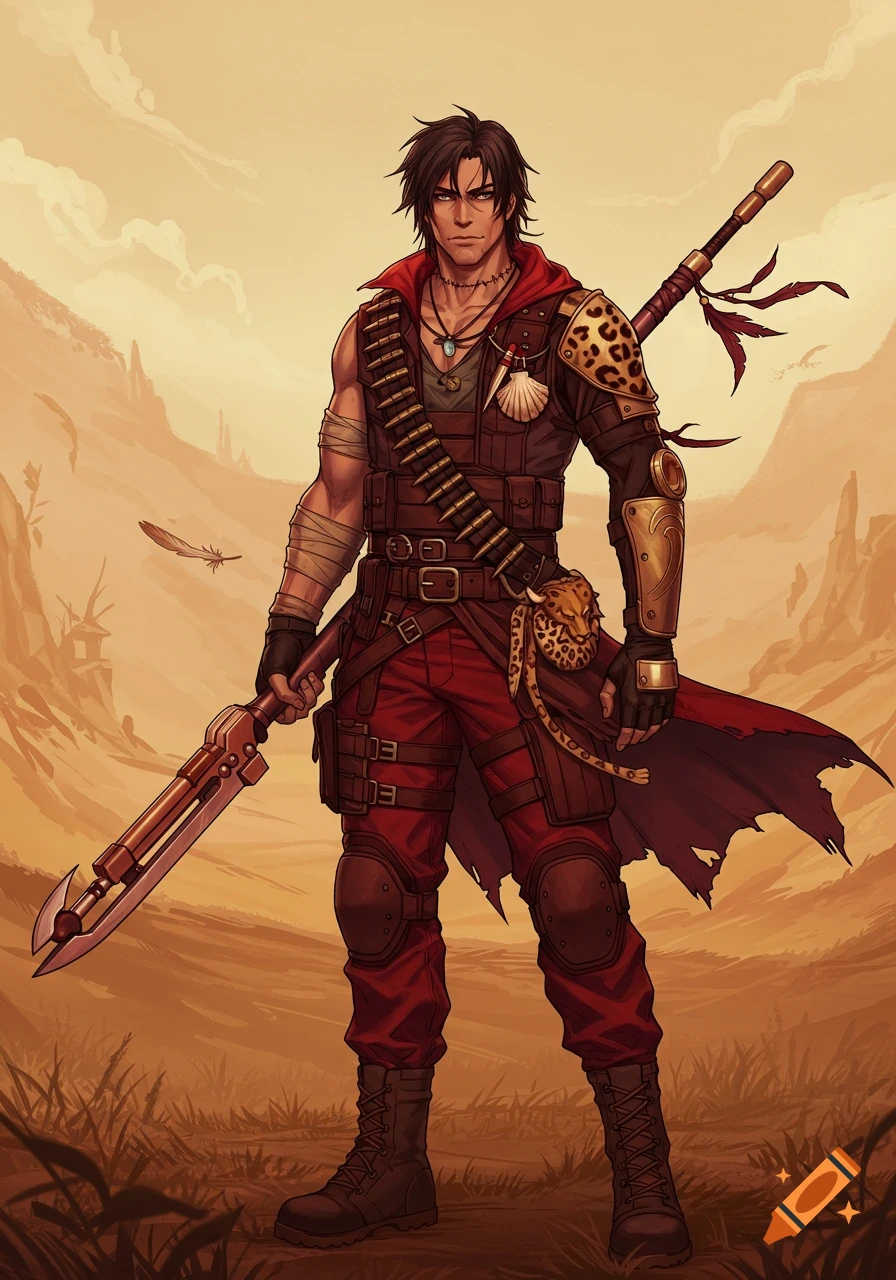 A muscular male character with dark hair and a red hooded cloak stands in a desert landscape, holding a large lance. Anime style.