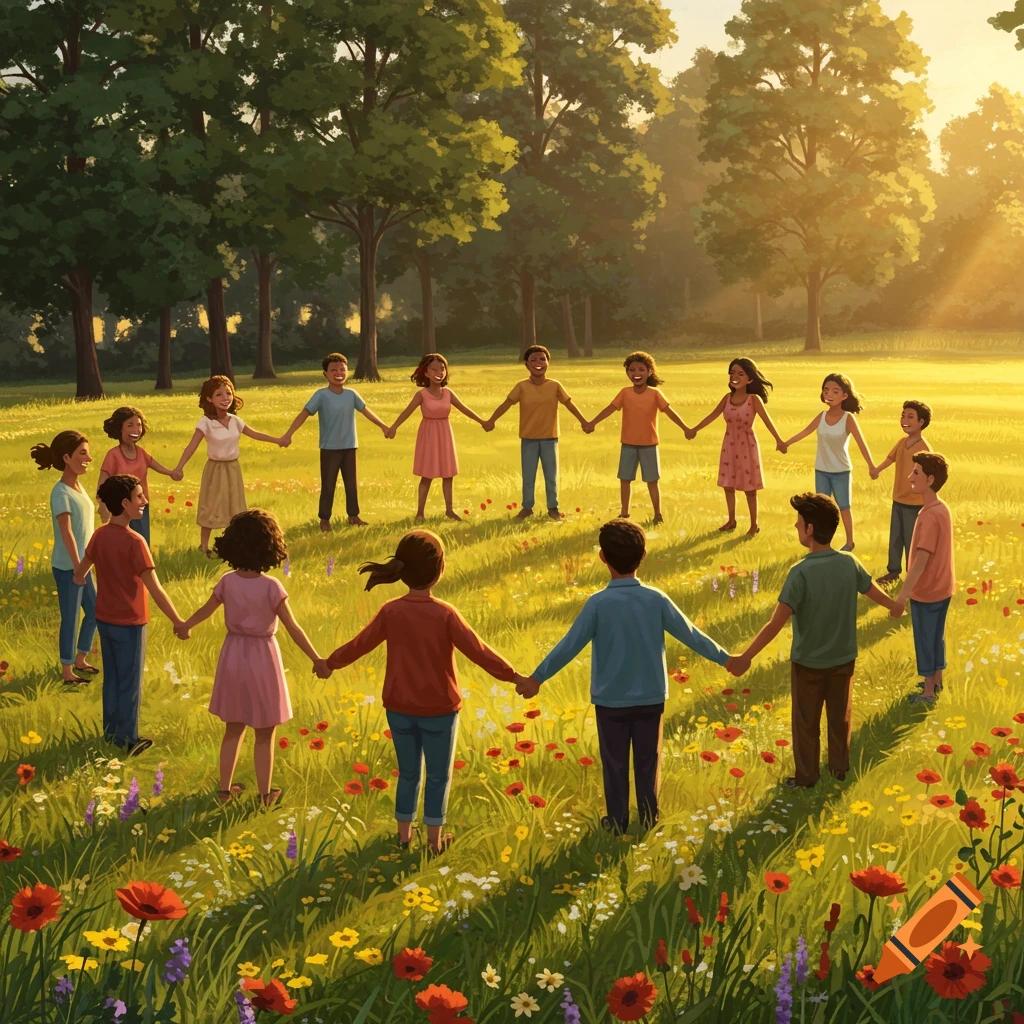 A diverse group of happy children and young adults hold hands in a circle in a sunny, flower-filled meadow.