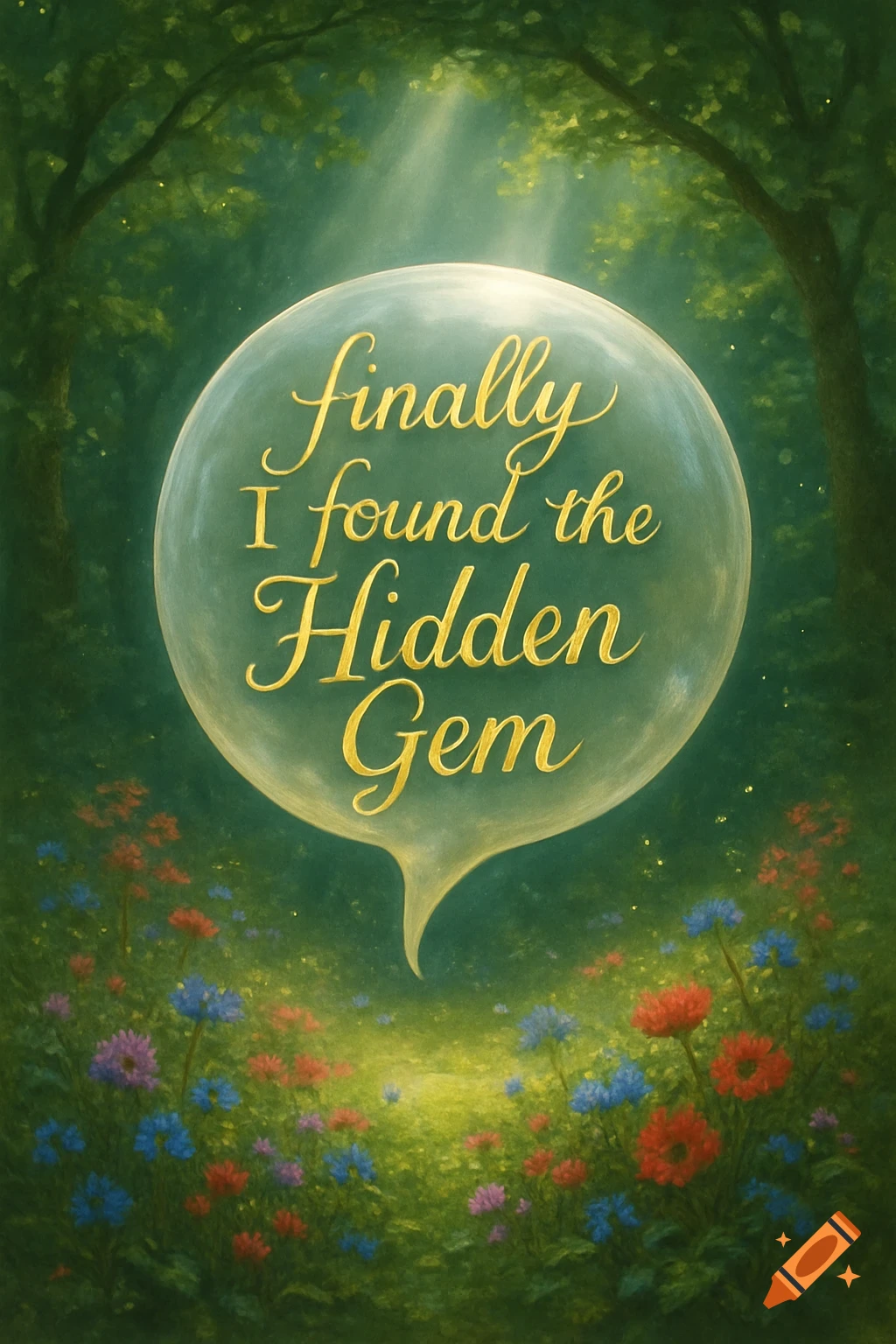 A glowing speech bubble with the words "finally I found the Hidden Gem" floats in a mystical forest with blooming wildflowers.