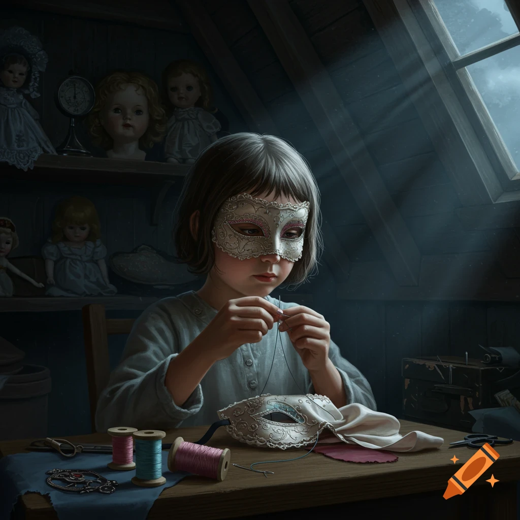 A child wearing a white mask is sewing another mask at a wooden table in a dimly lit attic, surrounded by old dolls.