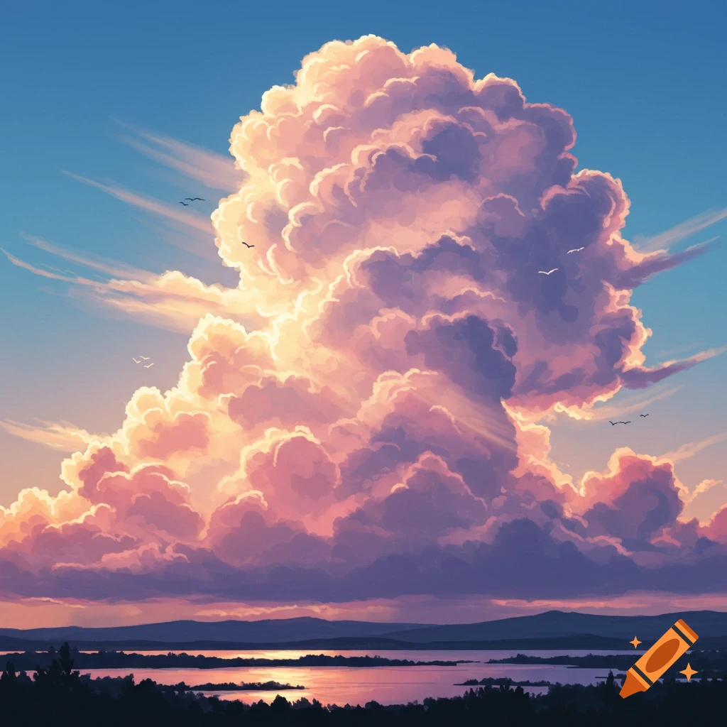 A vibrant, anime-style landscape featuring a massive, colorful cloud formation reflecting on a serene lake at sunset.