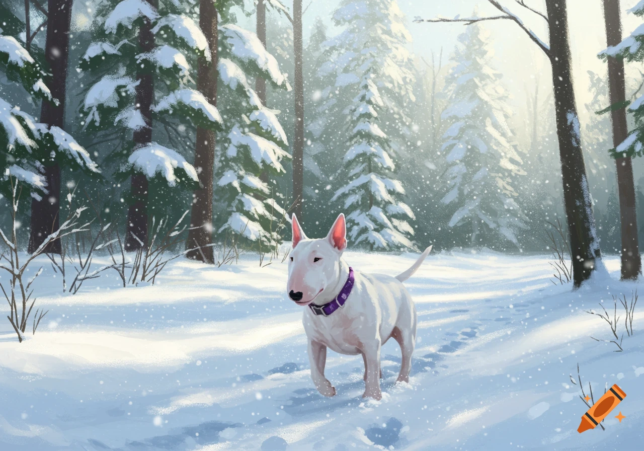 A white English Bull Terrier with a purple collar walks through a snowy forest illustration.