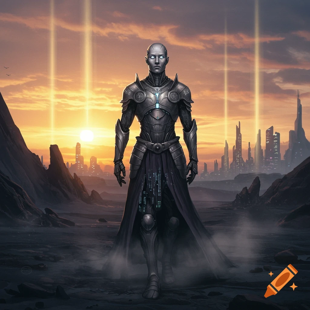A futuristic armored humanoid figure stands on a desolate alien landscape with a glowing city skyline in the distance and orange sky with light beams.