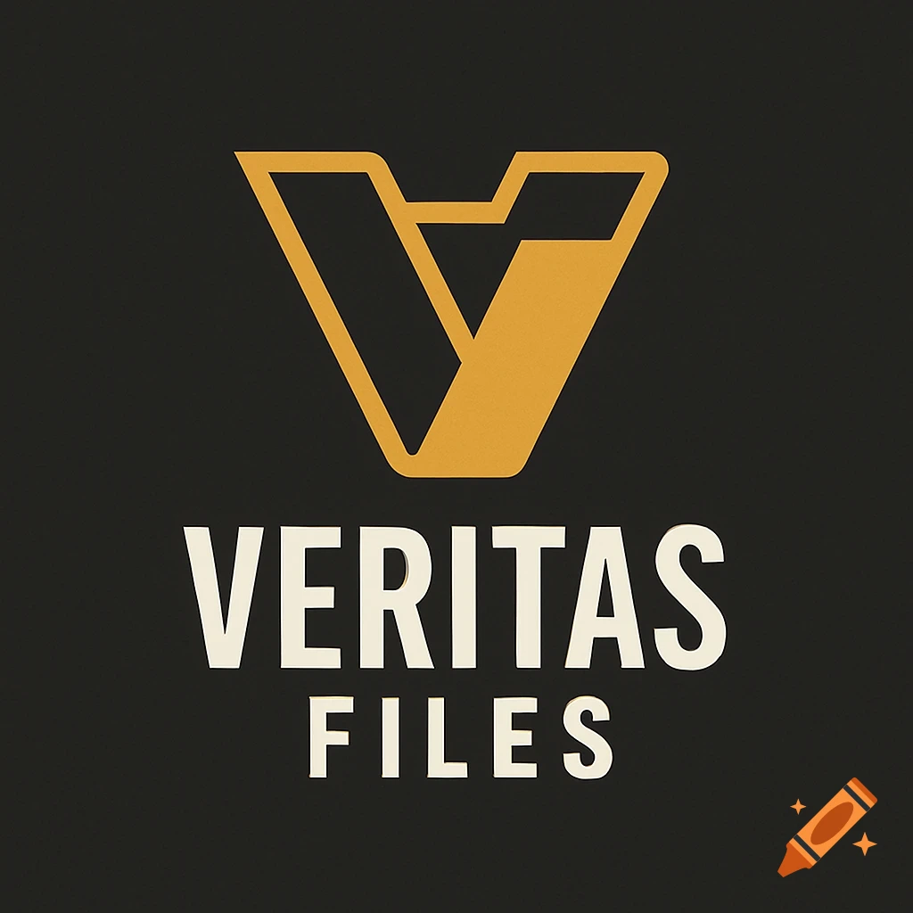 Minimalist gold geometric letter V logo resembling an open file folder, with 'VERITAS FILES' text below, on a charcoal background.