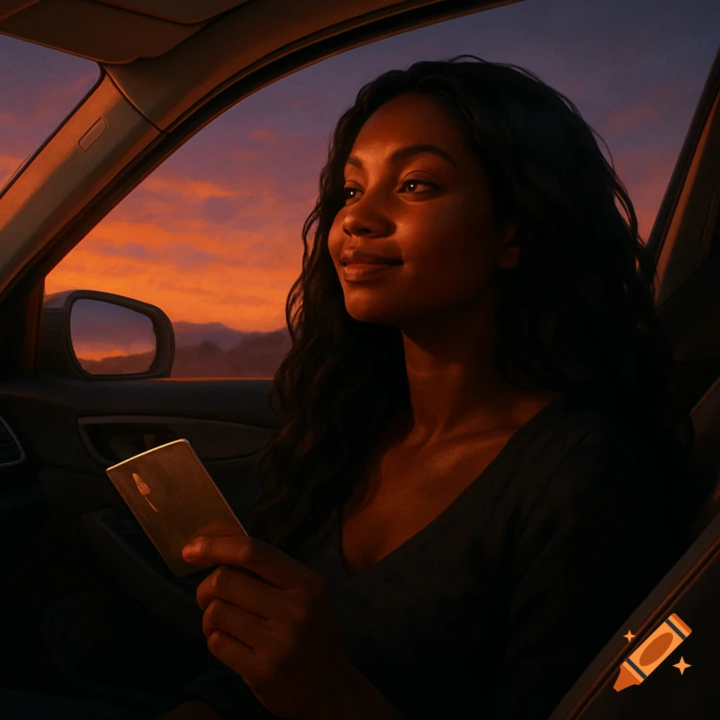 A woman with dark skin sits in a car at sunset, holding a golden card and gazing out the window.