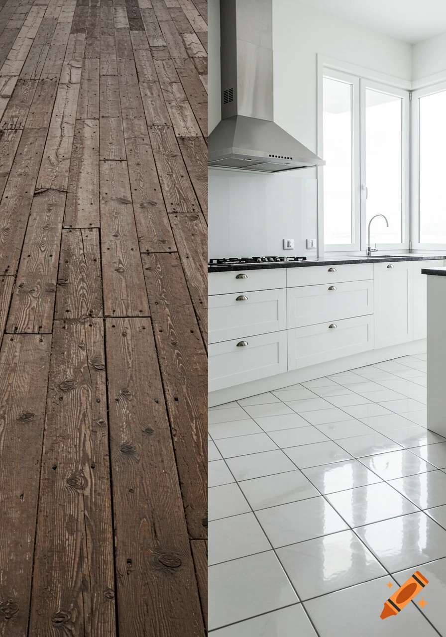 A split image showing an old, worn wooden floor on the left and a modern kitchen with white tiled floor and cabinets on the right.