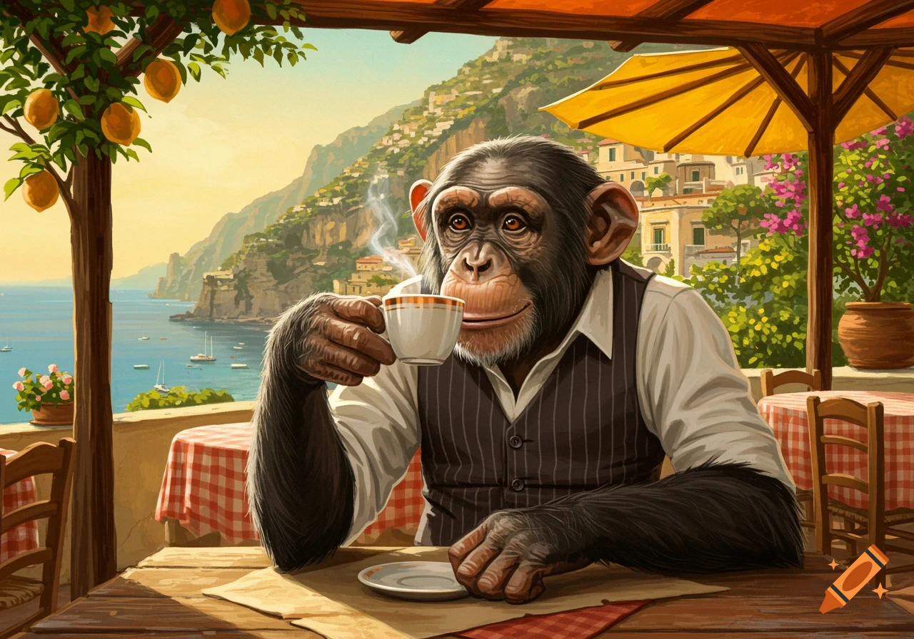 An Old Gorilla Sitting in a Chair in Front of a Fireplace, Holding a Cup of  Coffee. He Is Smiling and Wearing Glasses created on Craiyon, image size:1280x896