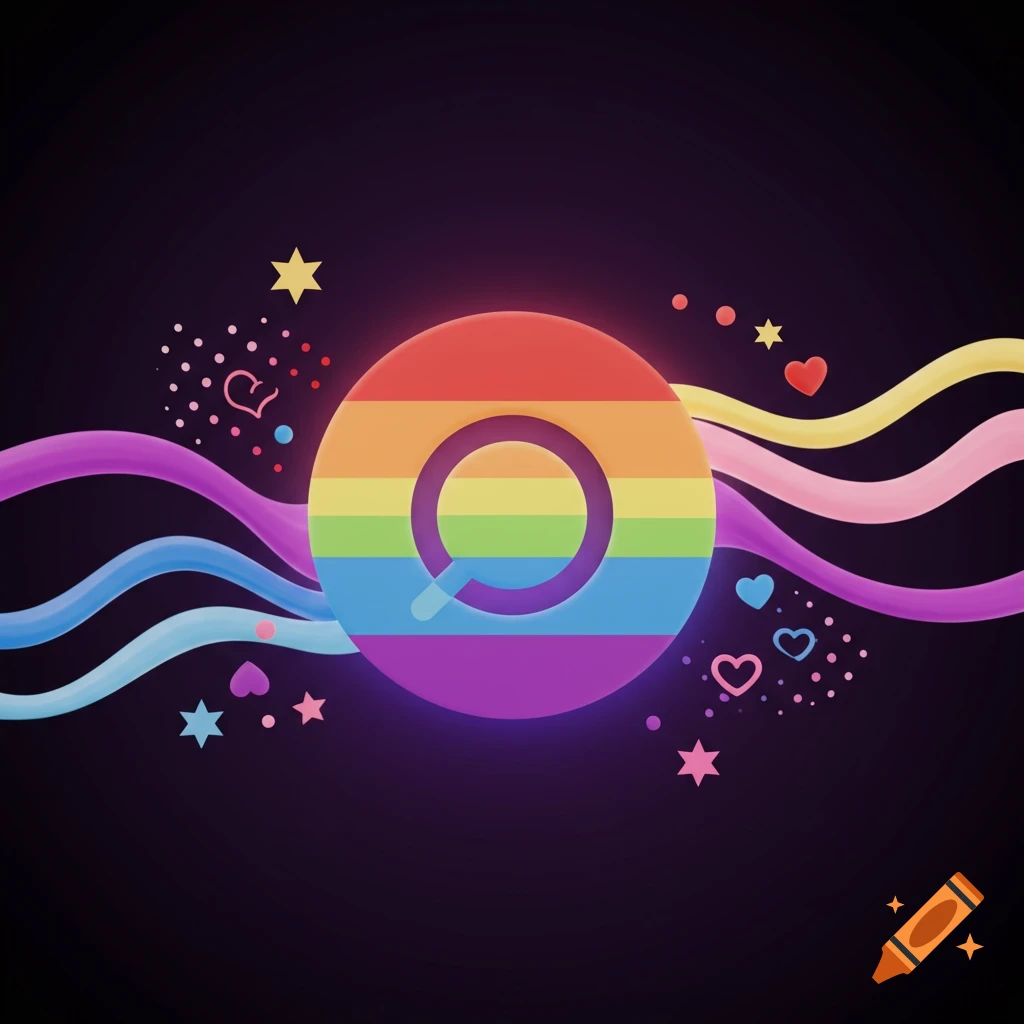 A rainbow circle with a magnifying glass icon surrounded by wavy colorful lines, stars, and hearts on a dark background.