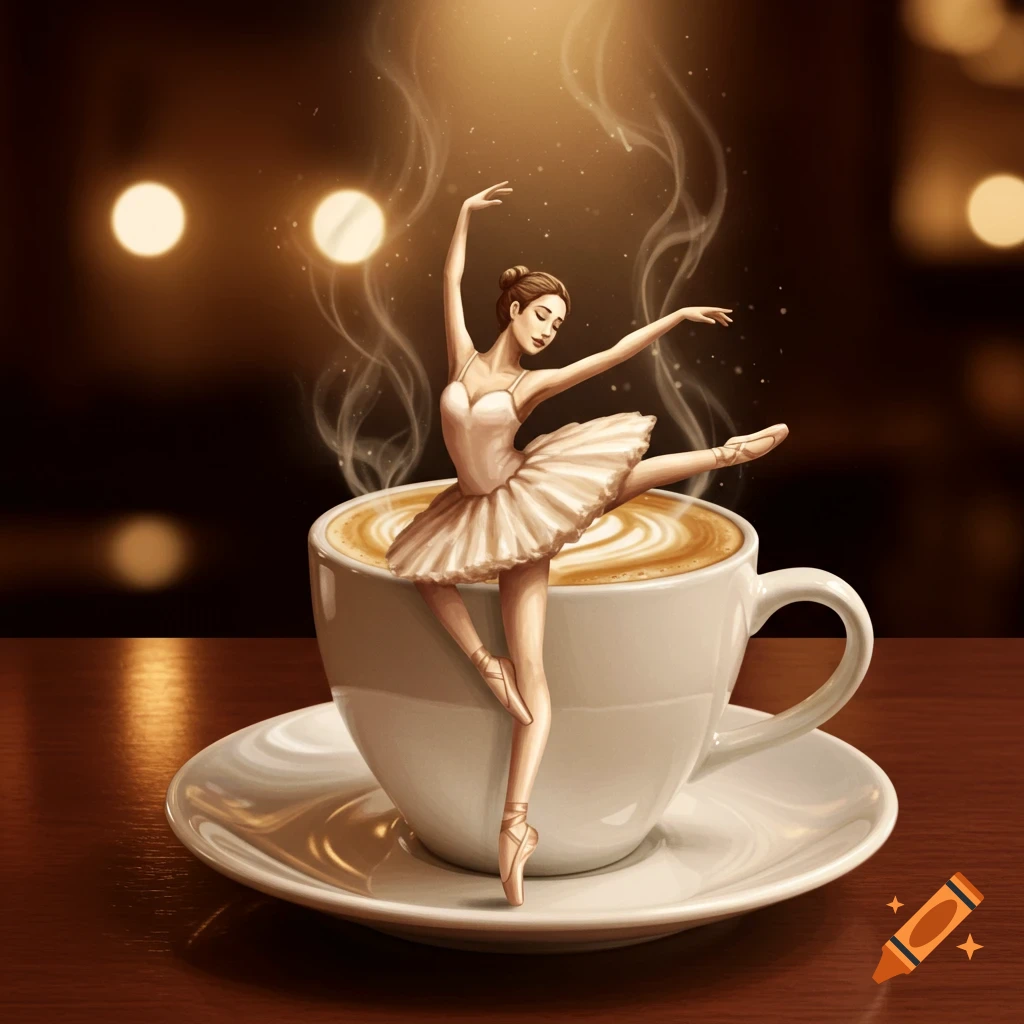An illustration of a ballerina in a white tutu dancing gracefully on a steaming cup of cappuccino.
