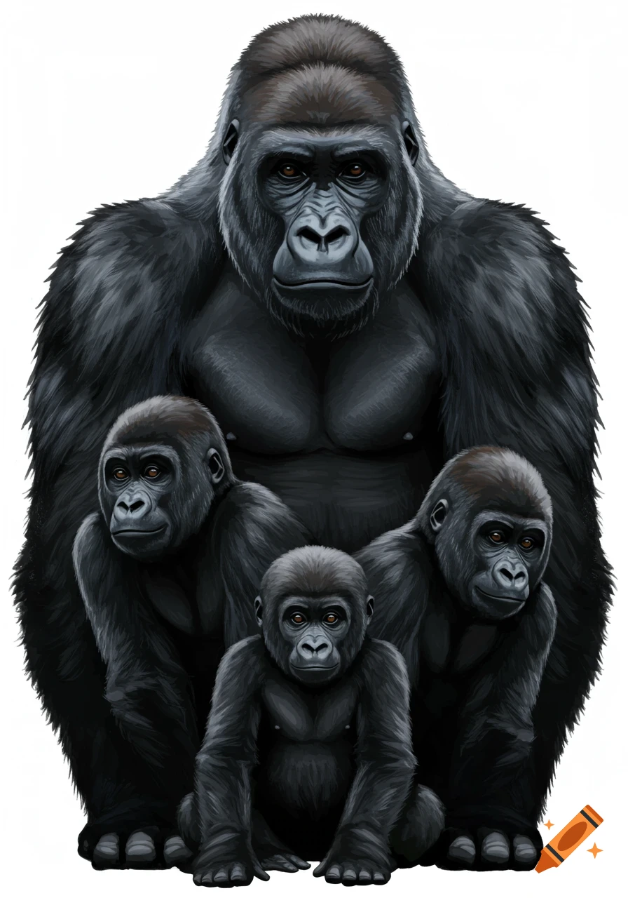 Realistic illustration of a silverback gorilla with three young gorillas, on a white background.