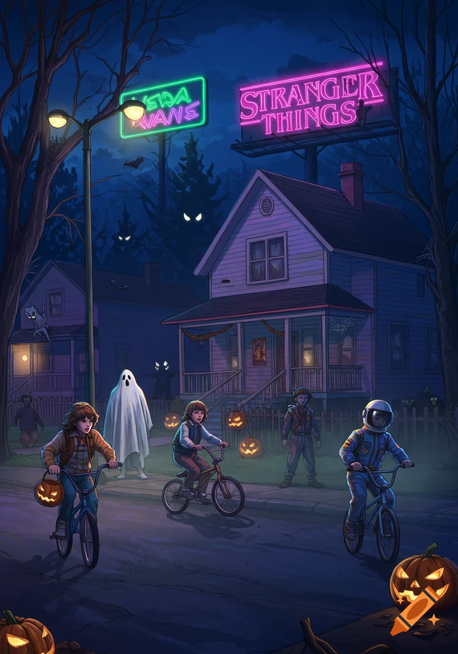 An illustrated spooky Halloween night scene in the 1980s with kids in costumes trick-or-treating on bicycles. A large neon sign reads 'STRANGER THINGS' and another reads 'VERA VANS'.