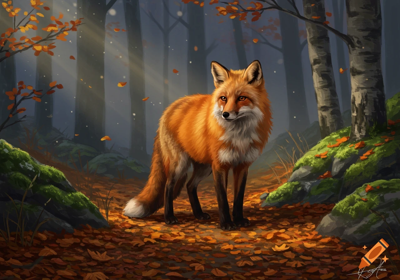An illustrative painting of a red fox standing in an autumn forest with sunlight rays.
