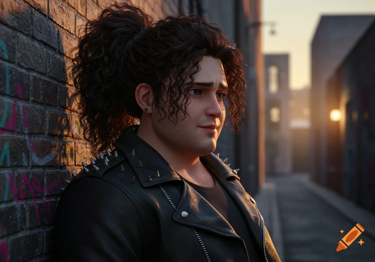 A young man with dark curly hair and a studded leather jacket leans against a brick wall in an alley at sunset, rendered in a realistic anime style.