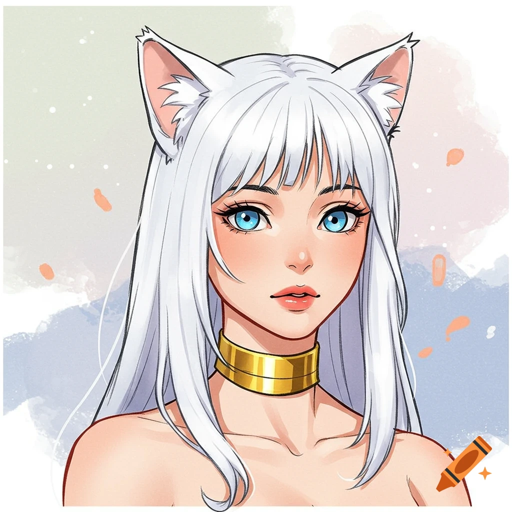 A comic book style portrait of a white-haired female with blue eyes, cat ears, and a gold collar.