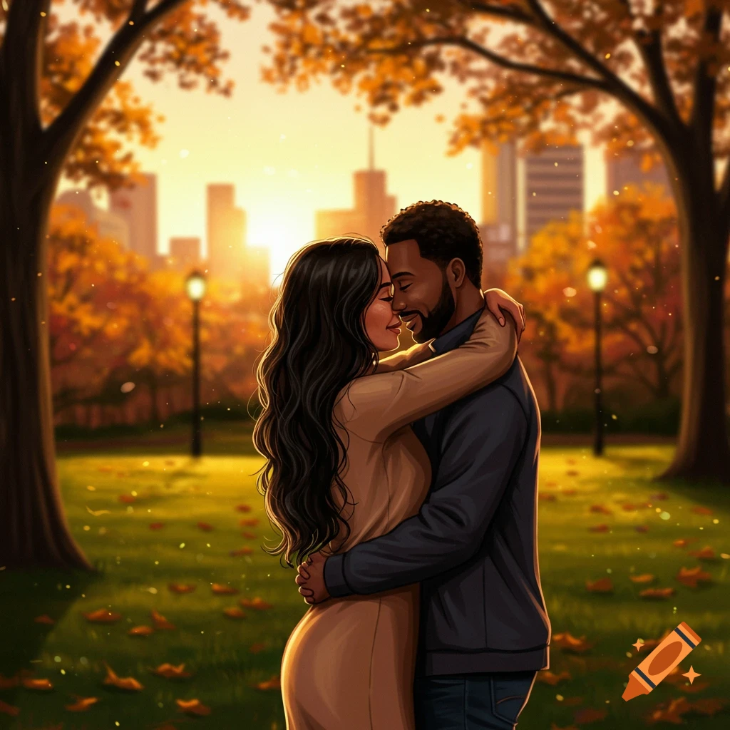 An illustration of a loving couple hugging in an autumn park with a cityscape in the background.