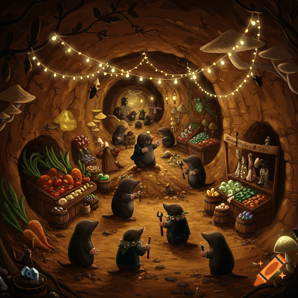 An underground mole festival or market with moles browsing stalls of vegetables and goods under string lights.