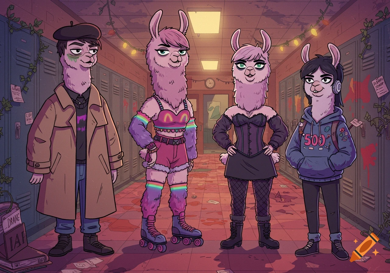 Four anthropomorphic llamas, styled as art school dropouts, stand in a distorted school hallway with oozing lockers and vines. The style is painterly and surreal.
