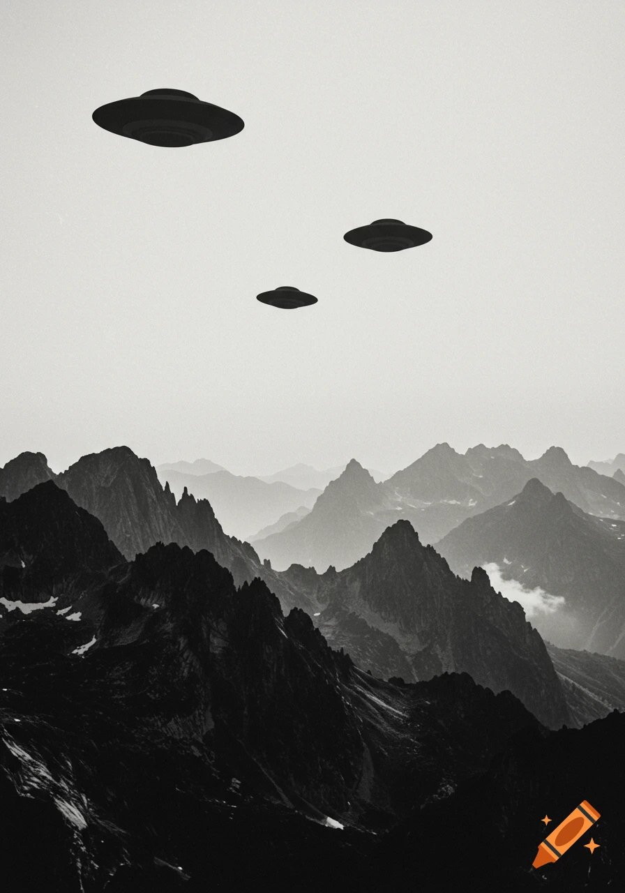 Grainy black and white photograph of three disc-shaped UFOs hovering above a dark mountain range.