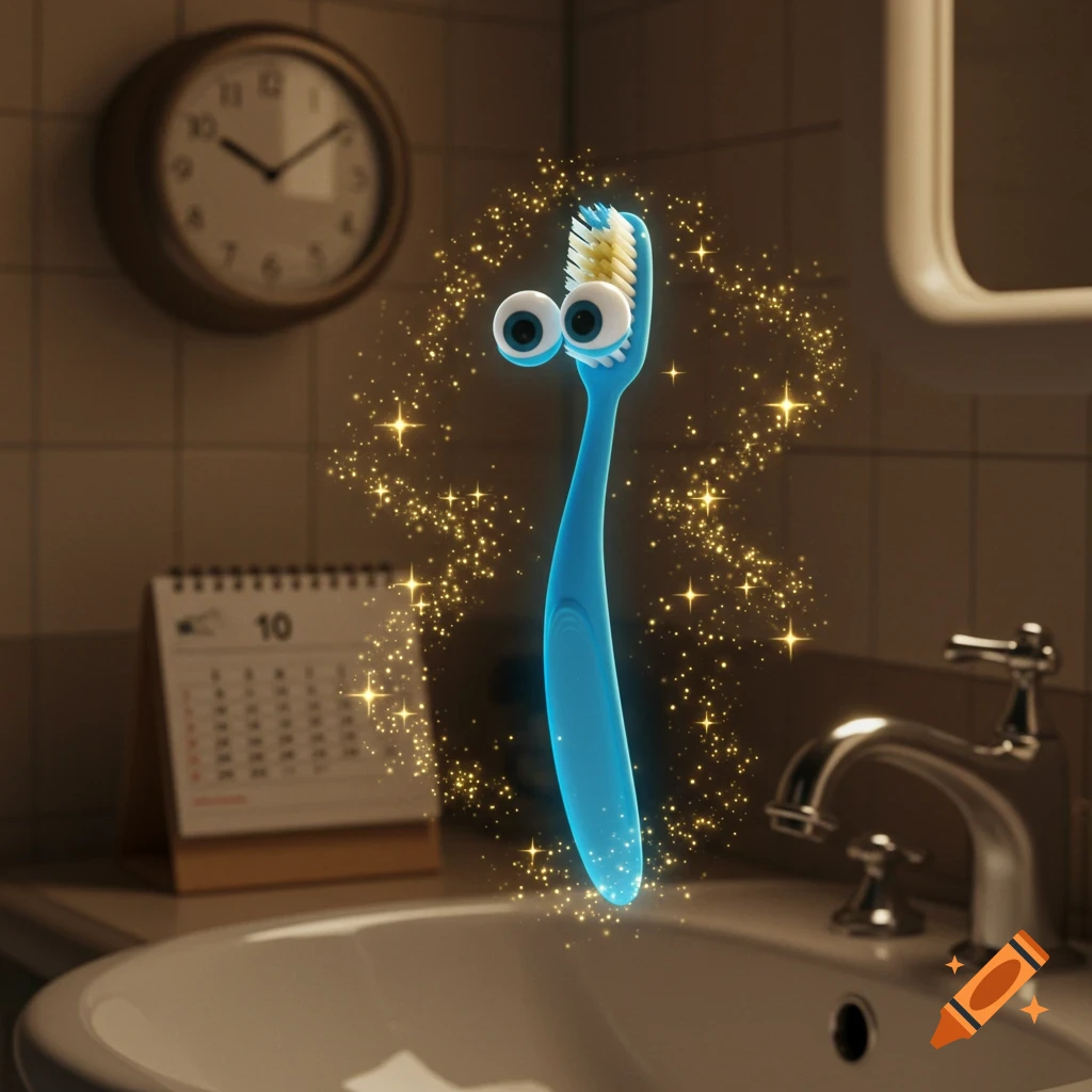 A blue cartoon toothbrush with googly eyes hovers over a bathroom sink, glowing with golden sparkles. A clock and calendar are behind it.