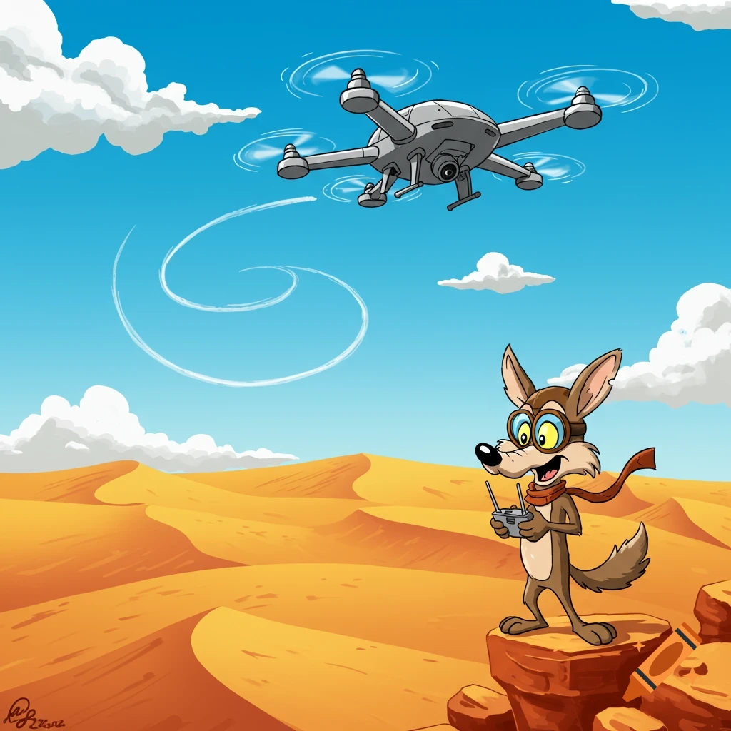 A cartoon coyote wearing goggles and a scarf stands on a rock in a desert, operating a drone that flies above him.