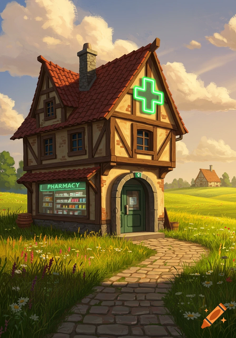 A whimsical, illustrative pharmacy building with a glowing green cross and 'PHARMACY' sign, nestled in a vibrant green field under a cloudy sky.