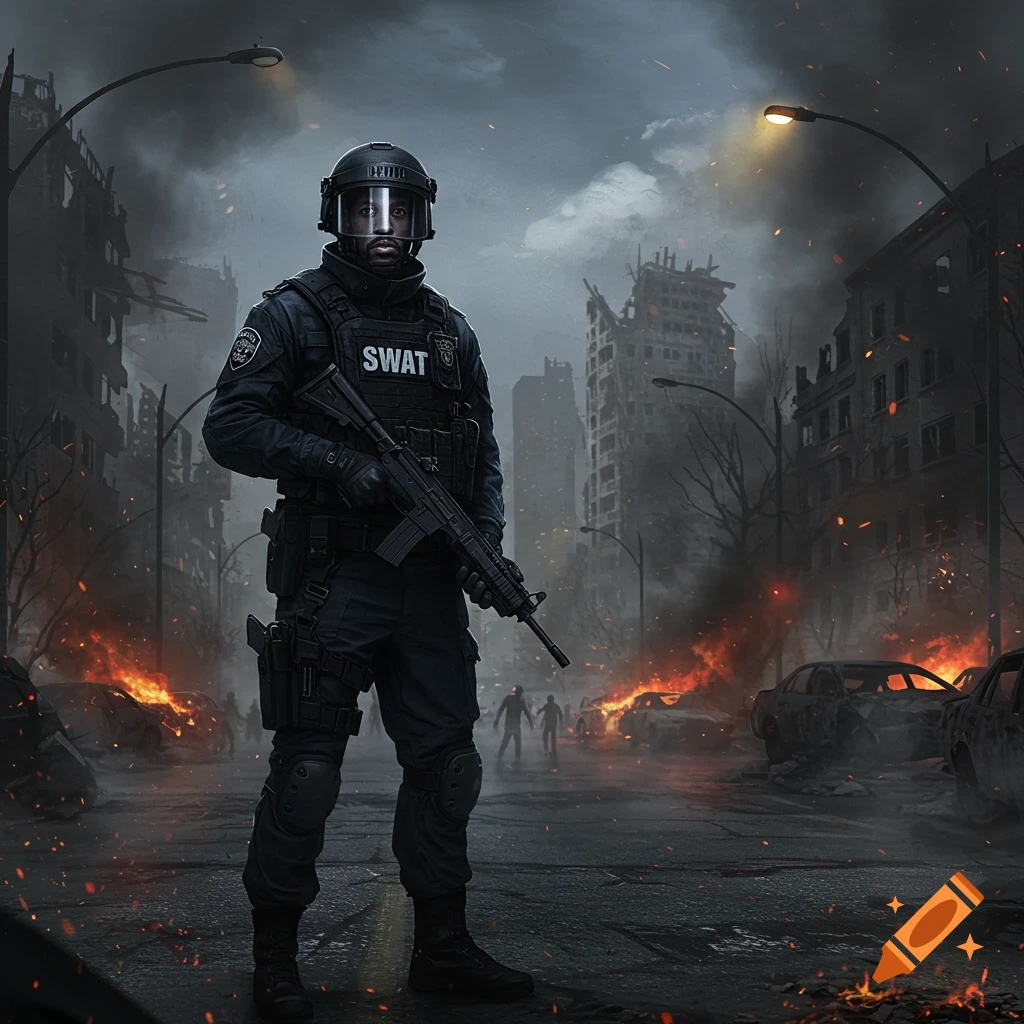 A tactical SWAT officer stands holding a rifle in a destroyed city street with burning cars and distant figures in a post-apocalyptic scene.