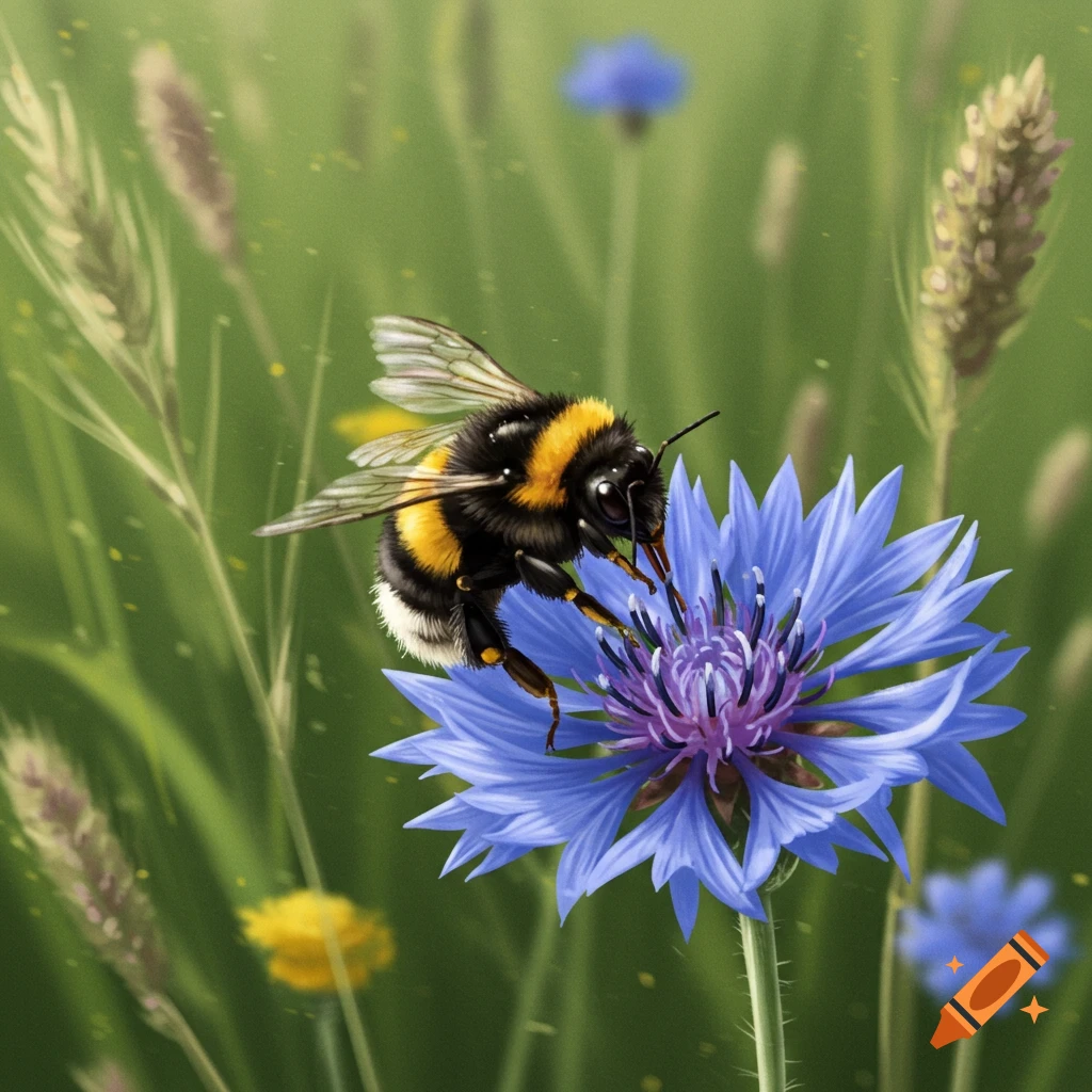 A detailed illustration of a bumblebee collecting pollen from a blue flower in a field.